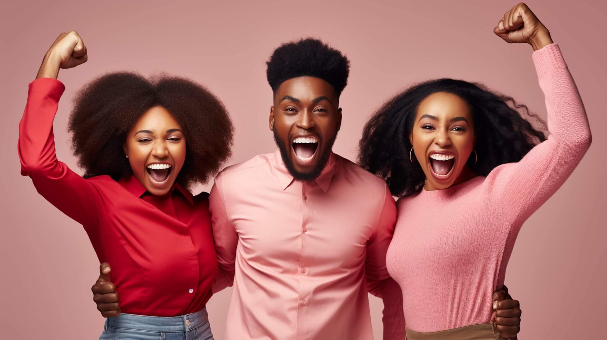 Four cheerful young women express positive emotions and feelings being in good mood smile broadly dressed in casual clothing being best friends isolated over pink background